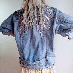 Bohemian Embellished Denim Jacket with Feather Embroidery and Studs